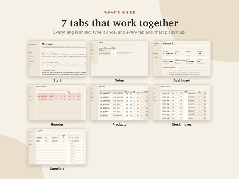 May include: A digital spreadsheet interface featuring seven distinct tabs labeled Welcome, Setup, Dashboard, Reorder, Products, Stock moves, and Suppliers. The text reads: WHAT'S INSIDE 7 tabs that work together. Everything is linked: type it once.