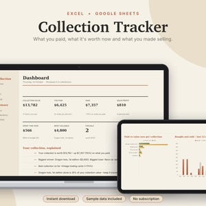 Registro di valutazione della collezione in Excel e Fogli Google, Inventario delle carte collezionabili, Monete, Dischi in vinile + Collezione di scarpe da ginnastica / Crema neutra immagine 1
