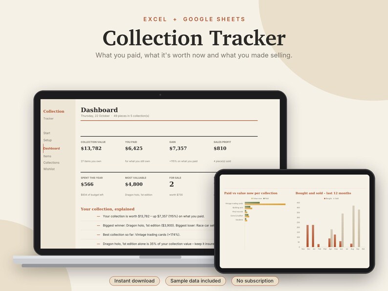 Registro di valutazione della collezione in Excel e Fogli Google, Inventario delle carte collezionabili, Monete, Dischi in vinile + Collezione di scarpe da ginnastica / Crema neutra immagine 1