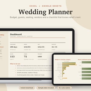 May include: A digital wedding planner for Excel and Google Sheets displayed on a laptop and tablet screen. The interface shows a dashboard with budget, guest, and checklist data, including charts for budget versus actuals and meal counts.