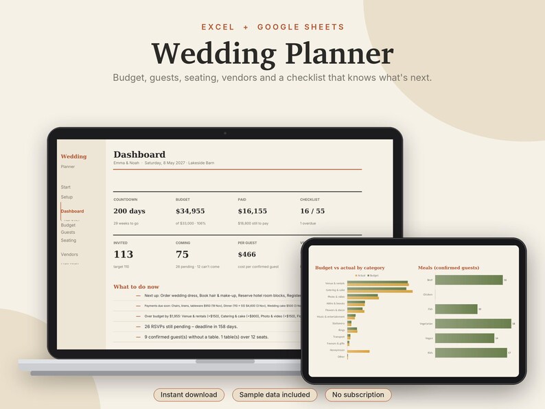 May include: A digital wedding planner for Excel and Google Sheets displayed on a laptop and tablet screen. The interface shows a dashboard with budget, guest, and checklist data, including charts for budget versus actuals and meal counts.
