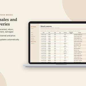 May include: A laptop screen displaying a software interface titled Stock moves, featuring a table with columns for Date, SKU, Type, Qty, Channel, Price, Product, and Stock change. Text on the left reads Log sales and deliveries.