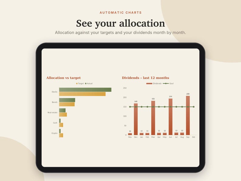 Investment Tracker Excel & Google Sheets, Dividend Tracker, Stock Portfolio Tracker, ETF + Asset Allocation, Rebalancing | Neutral Cream image 3