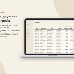 May include: A laptop screen displays a digital income tracker spreadsheet titled Side Hustle. The interface features columns for date, income stream, client, category, gross, fee, and net income, with text detailing payment logging features.