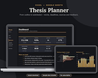 Thesis Planner Excel & Google Sheets, Dissertation Tracker, Word Count Tracker, PhD + Master Thesis Timeline, Gantt Chart | Dark Mode