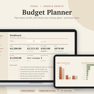 Budgetplanner voor Excel en Google Sheets, maandelijkse budgetspreadsheet, 50/30/20-budget, factuurtracker, sjabloon voor spaardoelen | Neutrale crèmekleur afbeelding 1