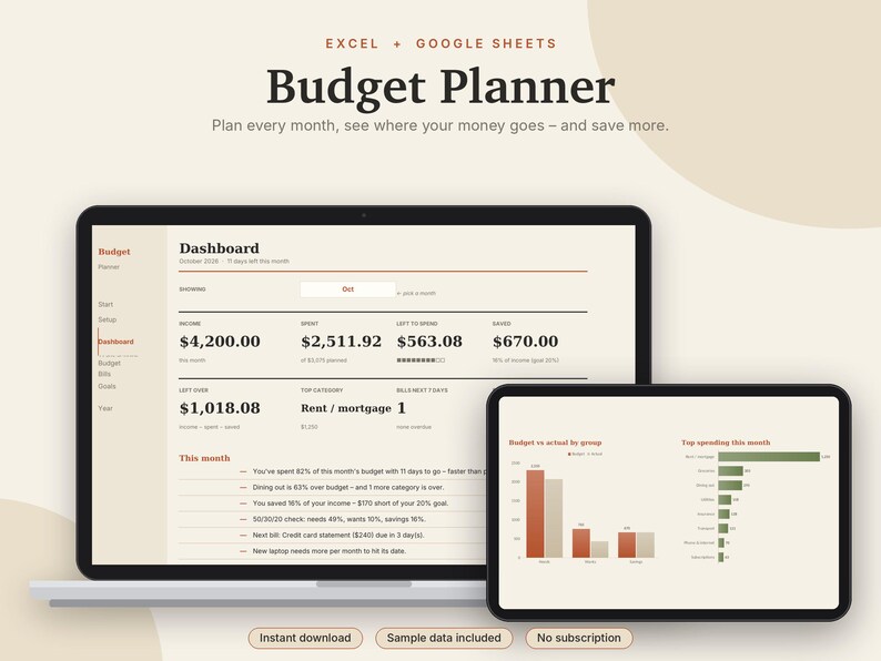 Budgetplanner voor Excel en Google Sheets, maandelijkse budgetspreadsheet, 50/30/20-budget, factuurtracker, sjabloon voor spaardoelen | Neutrale crèmekleur afbeelding 1