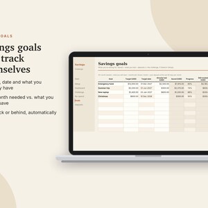 May include: A laptop screen displays a digital savings goals tracker spreadsheet with columns for target amounts, dates, and progress percentages. The text on the left reads Savings goals that track themselves, listing features like target, date, and automatic tracking.