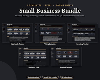 Small Business Spreadsheet Bundle Excel & Google Sheets, Income Expense Tracker, Pricing, Inventory, Client CRM, Content | Dark Mode