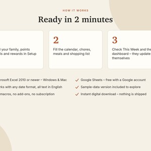 Family Planner Excel & Google Sheets, Weekly Family Calendar, Chore Chart with Rewards, Meal Planner, Family Organizer | Neutral Cream image 9