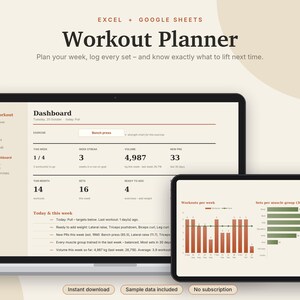 K&ouml;nnte beinhalten: Ein digitaler Trainingsplaner f&uuml;r Excel und Google Sheets, der auf einem Laptop- und Tablet-Bildschirm angezeigt wird. Die Benutzeroberfl&auml;che zeigt ein Dashboard mit Trainingsmetriken, w&ouml;chentlichen Fortschritten und grafischen Auswertungen.