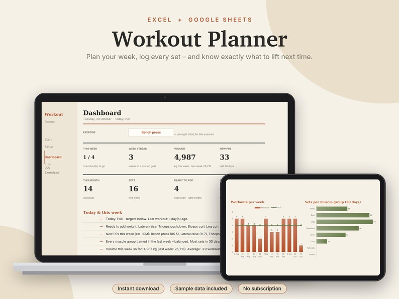 K&ouml;nnte beinhalten: Ein digitaler Trainingsplaner f&uuml;r Excel und Google Sheets, der auf einem Laptop- und Tablet-Bildschirm angezeigt wird. Die Benutzeroberfl&auml;che zeigt ein Dashboard mit Trainingsmetriken, w&ouml;chentlichen Fortschritten und grafischen Auswertungen.