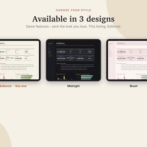May include: Three tablets displaying a dashboard interface in three color themes: Editorial with a cream background, Midnight with a dark charcoal background, and Blush with a soft pink background. Text includes CHOOSE YOUR STYLE and Available in 3 designs.