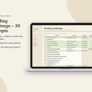 May include: A laptop screen displaying a digital reading challenge tracker with 30 prompts. The interface features a table with columns for prompt numbers, book titles, completion dates, and checkmarks for finished entries on a light background.