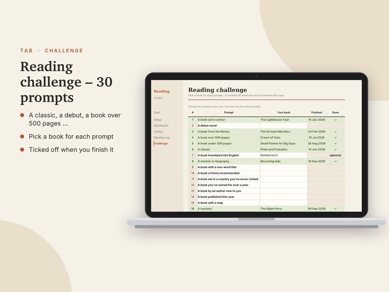 May include: A laptop screen displaying a digital reading challenge tracker with 30 prompts. The interface features a table with columns for prompt numbers, book titles, completion dates, and checkmarks for finished entries on a light background.