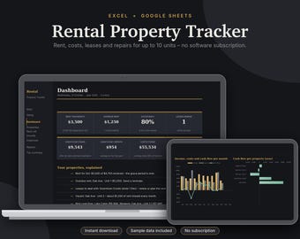 Rental Property Tracker Excel & Google Sheets, Landlord Spreadsheet, Rent Roll, Rental Income + Expense, Tax Summary | Dark Mode