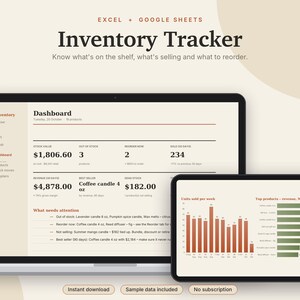 May include: A digital inventory tracker dashboard for Excel and Google Sheets displayed on a laptop and tablet screen. The interface shows stock value, out of stock items, reorder alerts, revenue, and sales charts with text labels.
