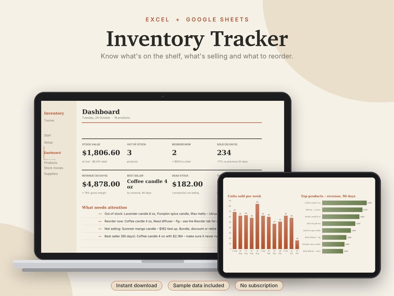 May include: A digital inventory tracker dashboard for Excel and Google Sheets displayed on a laptop and tablet screen. The interface shows stock value, out of stock items, reorder alerts, revenue, and sales charts with text labels.