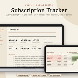 K&ouml;nnte beinhalten: Eine digitale Abonnement-Tracker-Vorlage f&uuml;r Excel und Google Sheets, dargestellt auf einem Laptop- und Tablet-Bildschirm. Das Dashboard zeigt Finanzdaten, einschlie&szlig;lich monatlicher Kosten, Verl&auml;ngerungsdaten und einer Liste aktiver Abonnements.