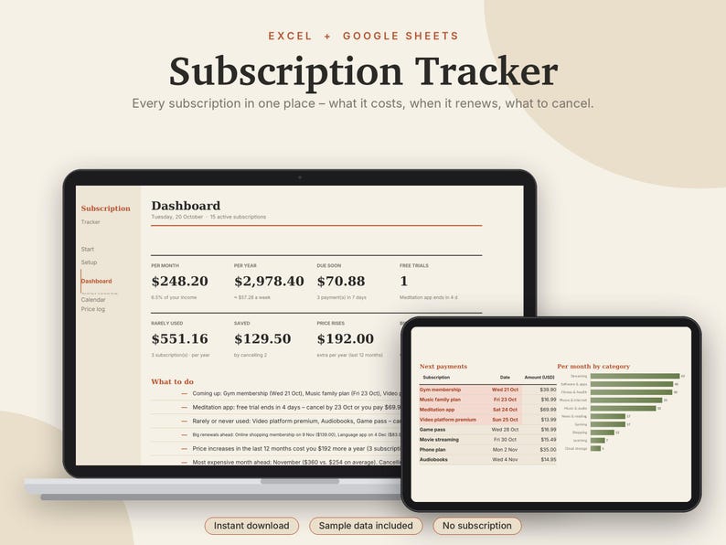 K&ouml;nnte beinhalten: Eine digitale Abonnement-Tracker-Vorlage f&uuml;r Excel und Google Sheets, dargestellt auf einem Laptop- und Tablet-Bildschirm. Das Dashboard zeigt Finanzdaten, einschlie&szlig;lich monatlicher Kosten, Verl&auml;ngerungsdaten und einer Liste aktiver Abonnements.