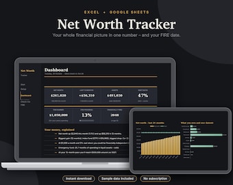 Net Worth Tracker Excel & Google Sheets, FIRE Calculator, Assets + Debt Tracker, Wealth Tracker, Financial Independence | Dark Mode