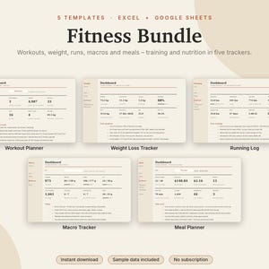 Fitness Spreadsheet Bundle Excel & Google Sheets, Workout Planner, Weight Loss Tracker, Running Log, Macro + Meal Planner | Neutral Cream