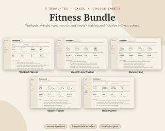 Fitness Spreadsheet Bundle Excel & Google Sheets, Workout Planner, Weight Loss Tracker, Running Log, Macro + Meal Planner | Neutral Cream