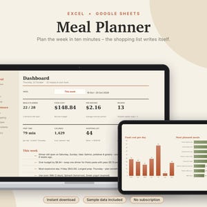 Matplanerare i Excel och Google Sheets, veckovis matplan med automatisk inköpslista, receptbok, skafferi + matbudgetuppföljare | Neutral Cream bild 1