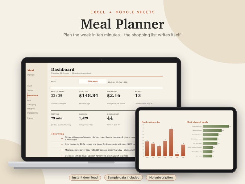 Matplanerare i Excel och Google Sheets, veckovis matplan med automatisk inköpslista, receptbok, skafferi + matbudgetuppföljare | Neutral Cream bild 1