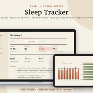 Sleep Tracker Excel & Google Sheets, Sleep Log with Sleep Score, Sleep Quality + Habit Tracker, Wellness Spreadsheet | Neutral Cream