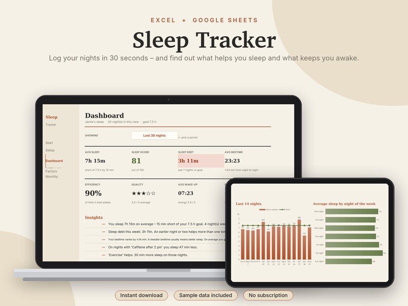 May include: A digital sleep tracker dashboard for Excel and Google Sheets displayed on a laptop and tablet screen. The interface shows metrics like average sleep, sleep score, sleep debt, bedtime, efficiency, and insights with charts.