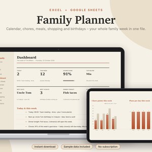 Family Planner Excel & Google Sheets, Weekly Family Calendar, Chore Chart with Rewards, Meal Planner, Family Organizer | Neutral Cream image 1