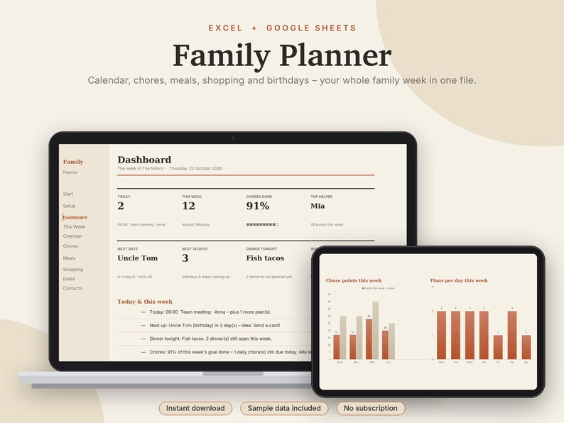 Family Planner Excel & Google Sheets, Weekly Family Calendar, Chore Chart with Rewards, Meal Planner, Family Organizer | Neutral Cream image 1