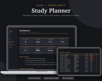 Student Planner Excel & Google Sheets, Assignment Tracker, Grade Calculator + GPA Tracker, Exam + Study Planner, College | Dark Mode