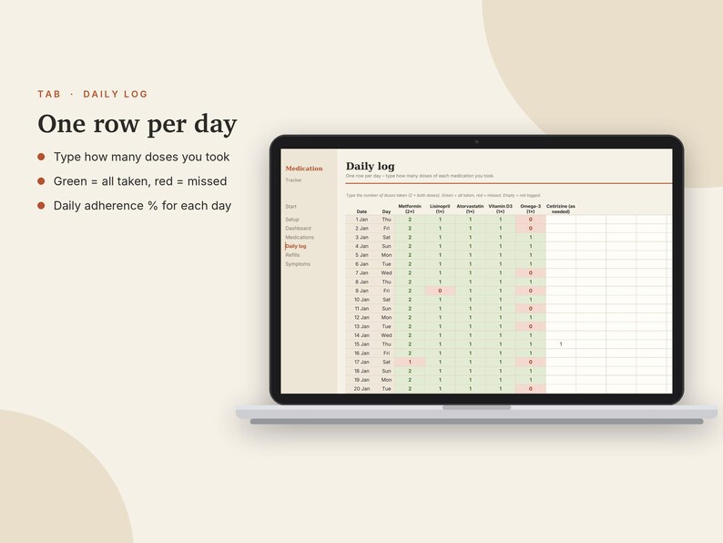 Medication Tracker Excel & Google Sheets, Pill Log, Daily Medicine Schedule, Refill Reminder, Health Tracker | Neutral Cream image 6