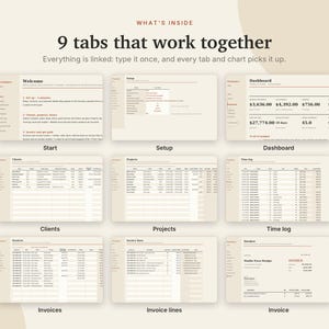 K&ouml;nnte beinhalten: Eine digitale Tabellenvorlage mit neun verschiedenen Reitern namens Start, Setup, Dashboard, Clients, Projects, Time log, Invoices, Invoice lines und Invoice. Die Benutzeroberfl&auml;che verwendet eine neutrale beige Farbpalette mit dunklem Text.