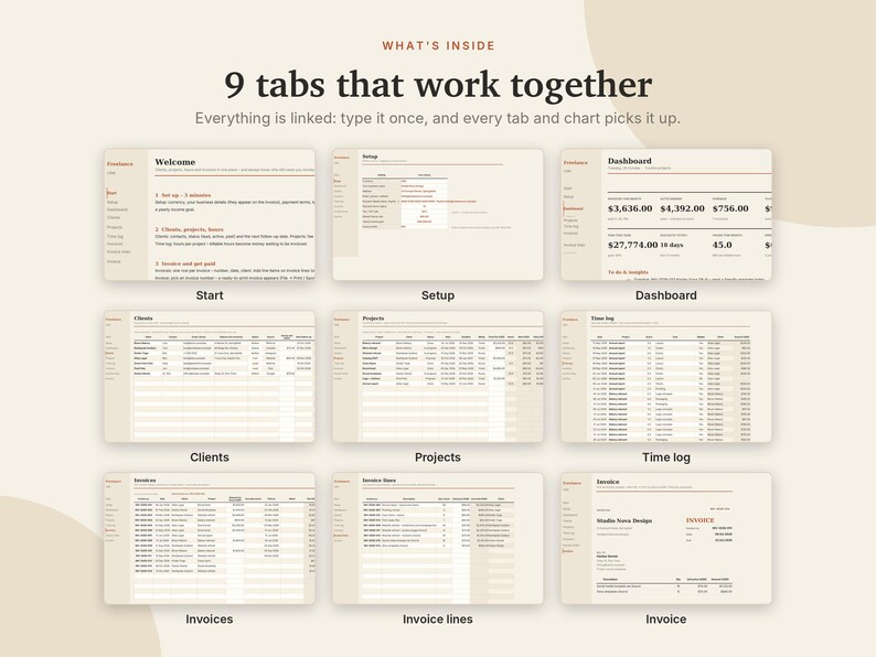 K&ouml;nnte beinhalten: Eine digitale Tabellenvorlage mit neun verschiedenen Reitern namens Start, Setup, Dashboard, Clients, Projects, Time log, Invoices, Invoice lines und Invoice. Die Benutzeroberfl&auml;che verwendet eine neutrale beige Farbpalette mit dunklem Text.