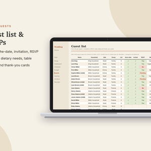 May include: A digital wedding guest list and RSVP tracker displayed on a laptop screen. The interface features columns for names, households, groups, and status updates. Text on the left side lists categories including Save-the-date, invitation, RSVP, meals, dietary needs, table, gifts, and thank-you cards.