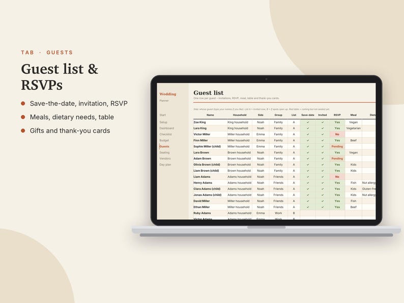 May include: A digital wedding guest list and RSVP tracker displayed on a laptop screen. The interface features columns for names, households, groups, and status updates. Text on the left side lists categories including Save-the-date, invitation, RSVP, meals, dietary needs, table, gifts, and thank-you cards.