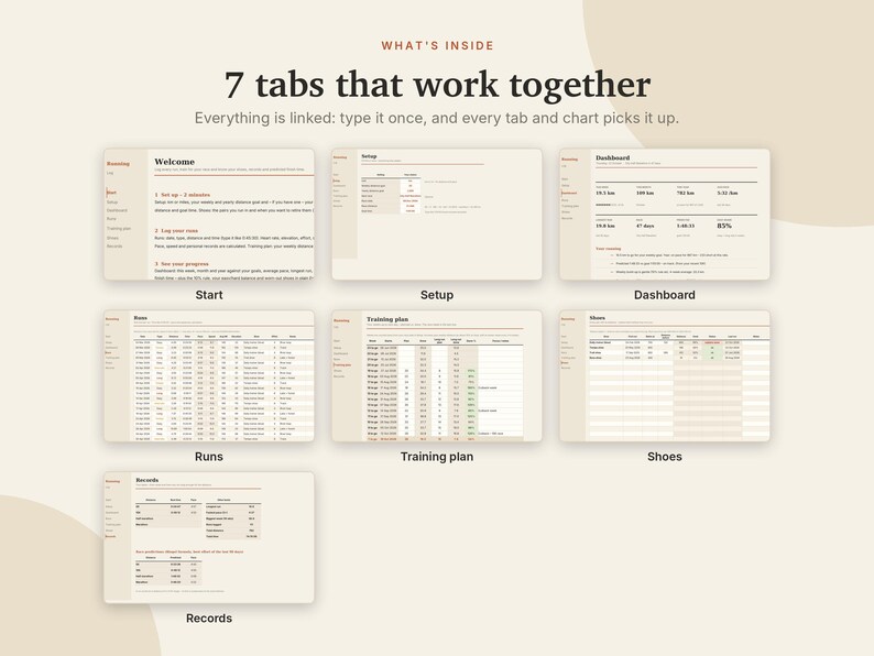 Lauftagebuch (Excel & Google Sheets), Lauftracker + Halbmarathon-Trainingsplan, Temporechner, Wettkampfprognose, Schuhprotokoll | Neutral Cream Bild 4