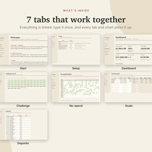 May include: A digital financial tracker interface featuring 7 tabs: Welcome, Setup, Dashboard, Challenge, No-spend, Goals, and Deposits. The layout uses a neutral beige colour palette with dark text, displaying linked spreadsheets, savings charts, and progress trackers for personal finance management.