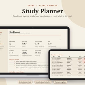 Studentplanerare Excel och Google Sheets, Uppgiftsspårare, Betygskalkylator + GPA-spårare, Tentamen + Studieplanerare, Högskola | Neutral Cream bild 1