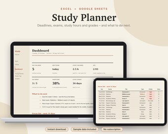 Student Planner Excel & Google Sheets, Assignment Tracker, Grade Calculator + GPA Tracker, Exam + Study Planner, College | Neutral Cream