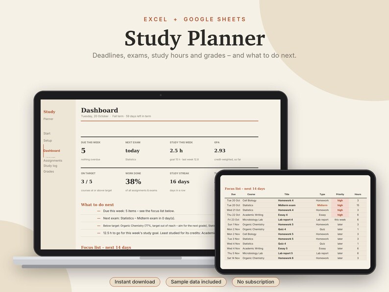 Studentplanerare Excel och Google Sheets, Uppgiftsspårare, Betygskalkylator + GPA-spårare, Tentamen + Studieplanerare, Högskola | Neutral Cream bild 1