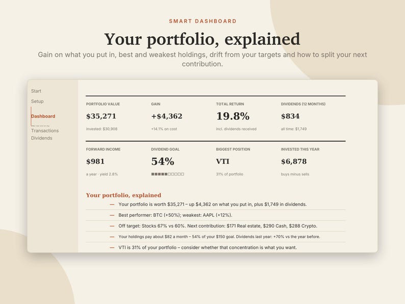 Investment Tracker Excel & Google Sheets, Dividend Tracker, Stock Portfolio Tracker, ETF + Asset Allocation, Rebalancing | Neutral Cream image 2