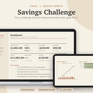 Savings Challenge Tracker Excel & Google Sheets, 52 Week + 100 Envelope Challenge, Savings Goal Tracker, No Spend Tracker | Neutral Cream