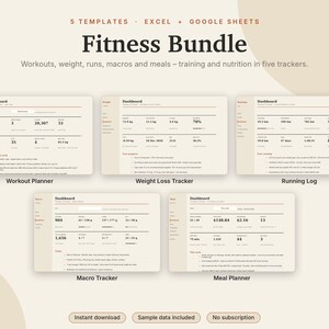 Fitness Spreadsheet Bundle Excel & Google Sheets, Workout Planner, Weight Loss Tracker, Running Log, Macro + Meal Planner | Neutral Cream