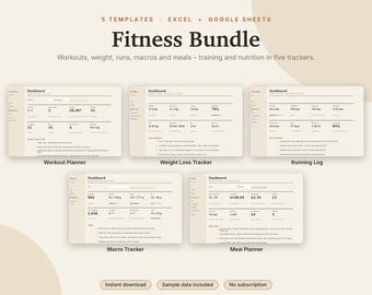 Fitness Spreadsheet Bundle Excel & Google Sheets, Workout Planner, Weight Loss Tracker, Running Log, Macro + Meal Planner | Neutral Cream