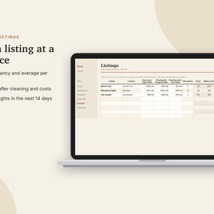 以下が含まれることがあります： Listingsというタイトルのデジタルダッシュボードを表示するノートパソコンの画面。場所、基本料金、清掃料金、最大宿泊人数、滞在数、宿泊数、稼働率などの列を含む表が表示されており、Beach LoftやMountain Cabinといった物件情報が記載されています。