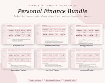 Personal Finance Spreadsheet Bundle Excel & Google Sheets, Budget Planner, Debt Payoff, Savings, Net Worth, Investments | Pink Aesthetic